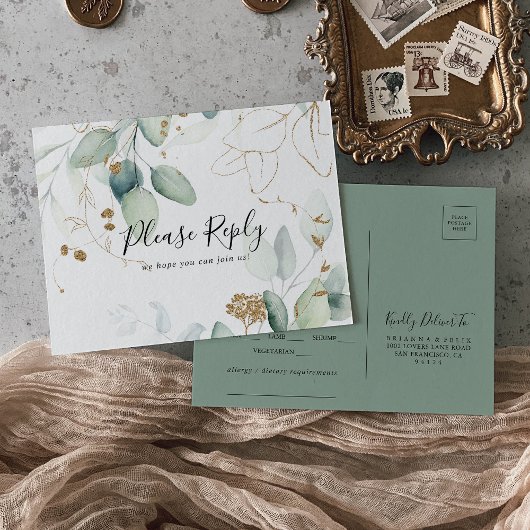Keuze uit het menu Gold Eucalyptus RSVP-Briefkaart