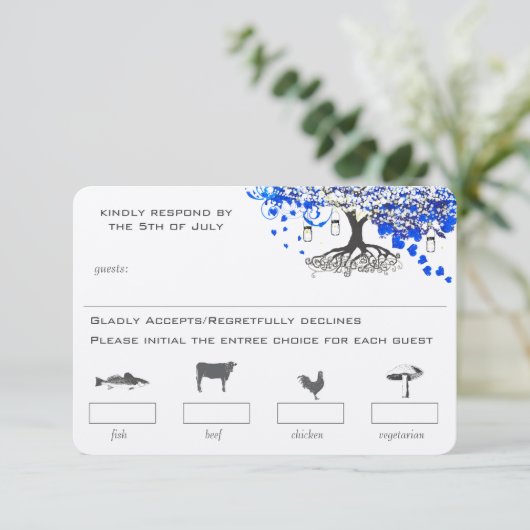 Keuze uit het Royal Blue Heart Leaf Tree Mason Jar RSVP Kaartje (Staand voorkant)