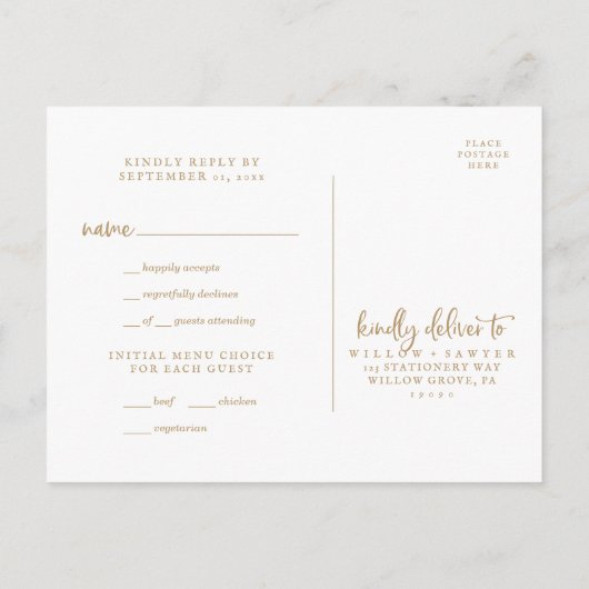 Keuze uit RSVP van het menu Rustic Gold Script (Achterkant)