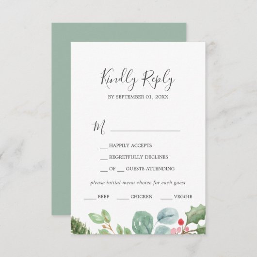 Keuze voor kerstgroen- en Berry-menu RSVP-kaart RSVP Kaartje (Voorkant / Achterkant)