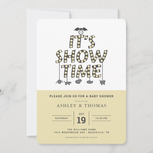 Kever sap Baby shower | Het is Showtime uitnodigin Kaart (Voorkant)