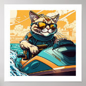 Kewl Beans- Cool Cat met zonnebrillen op een jetsk Poster (Voorkant)