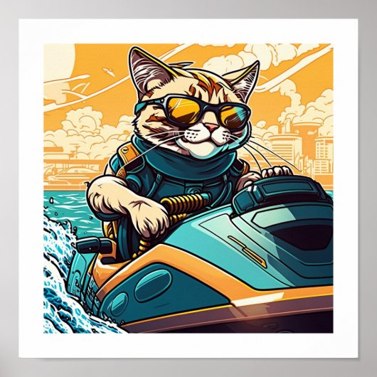 Kewl Beans- Cool Cat met zonnebrillen op een jetsk Poster (Voorkant)