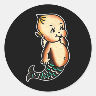 Kewpie Baby Zeemeermin Traditioneel Tattoo Flash Ronde Sticker