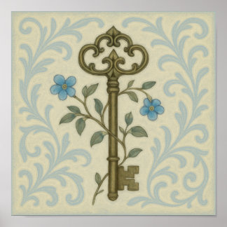  Key & Blue Floral Wall Art - Antiek stijl Poster