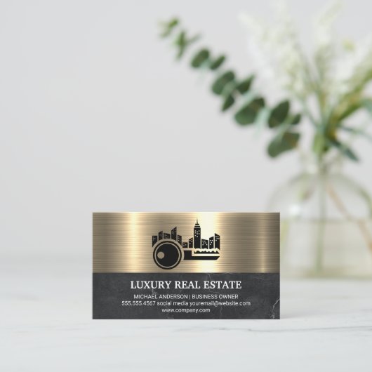 Key City Logo Metallic Gold Marble Visitekaartje (Staand voorkant)