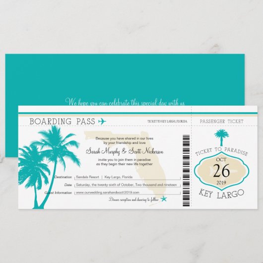 Key Largo Florida Palm Tree Boarding Pass Wedding Kaart (Voorkant / Achterkant)