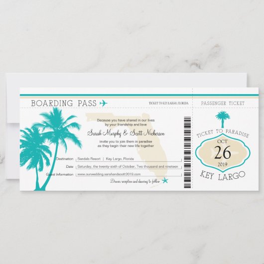 Key Largo Florida Palm Tree Boarding Pass Wedding Kaart (Voorkant)