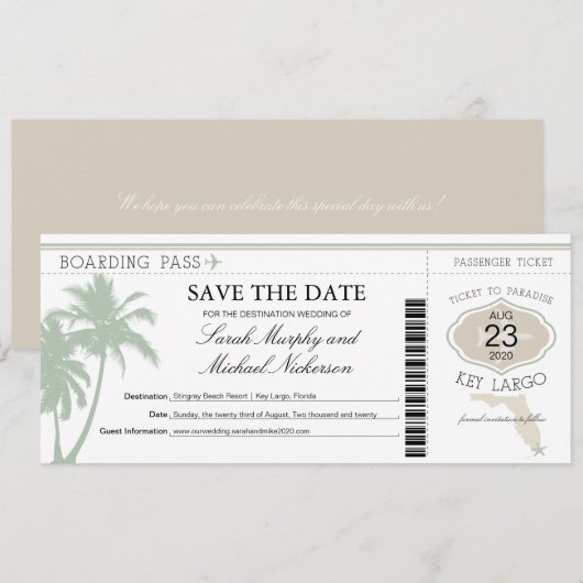 Key Largo Florida Save the Date Boarding Pass (Voorkant / Achterkant)