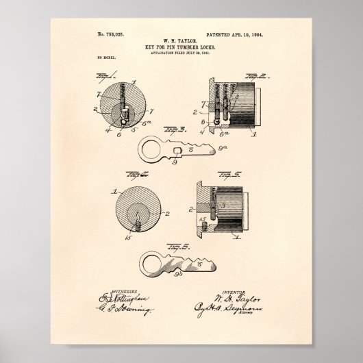 Key Tumbler Locks 1904 Patent Art Old Peper Poster (Voorkant)