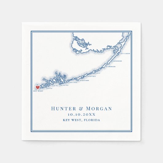 Key West FL Kaart Elegante Marine Blauwe bruiloft Servet (Voorkant)