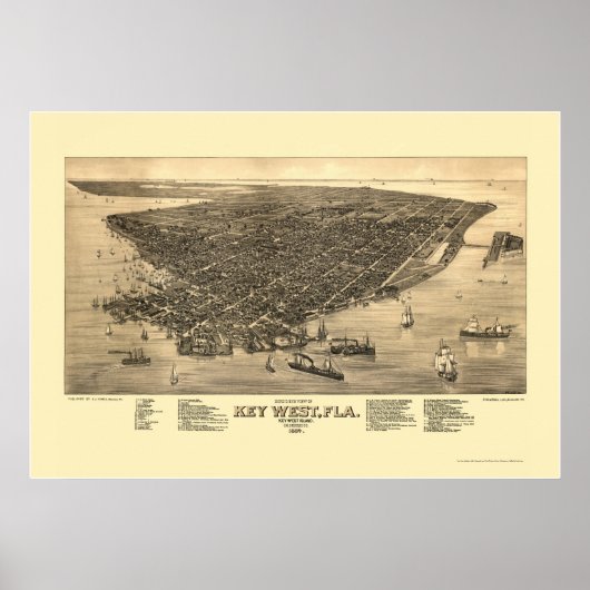 Key West, FL Panoramic Map - 1884 Poster (Voorkant)