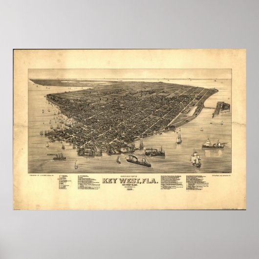 Key West Florida 1884 Antiek Panorama Poster (Voorkant)