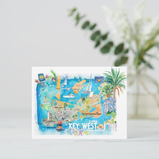 Key West Florida geïllustreerde reisgids met wegen Briefkaart (Staand voorkant)