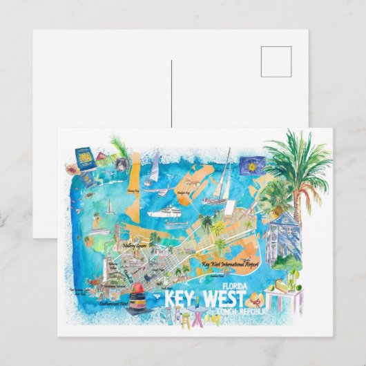 Key West Florida geïllustreerde reisgids met wegen Briefkaart (Voorkant / Achterkant)