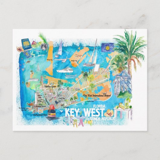 Key West Florida geïllustreerde reisgids met wegen Briefkaart (Voorkant)