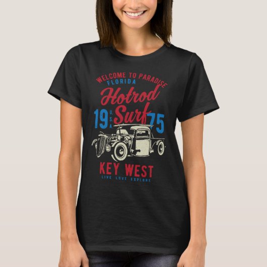 Key West Florida Retro Hotrod Surf Distressed  6 T-shirt (Voorkant)