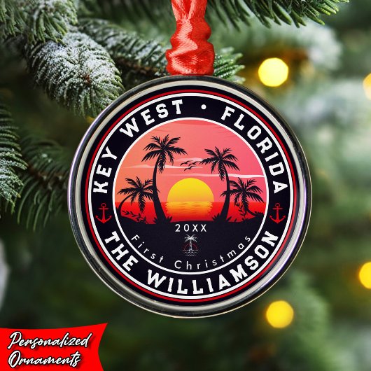 Key West Florida Retro Sunset Palm Tree 60s Metalen Ornament