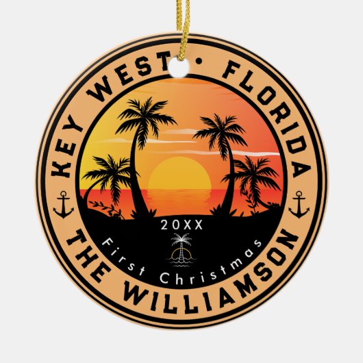 Key West Florida Retro Sunset Palm Tree 80s Keramisch Ornament (Voorkant)
