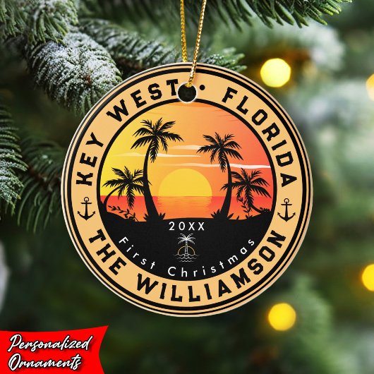 Key West Florida Retro Sunset Palm Tree 80s Keramisch Ornament