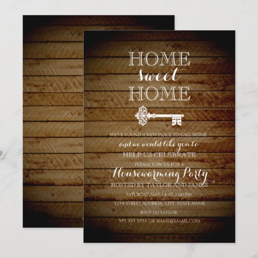 Key Wood Look Housewarming Uitnodigen Kaart (Voorkant / Achterkant)