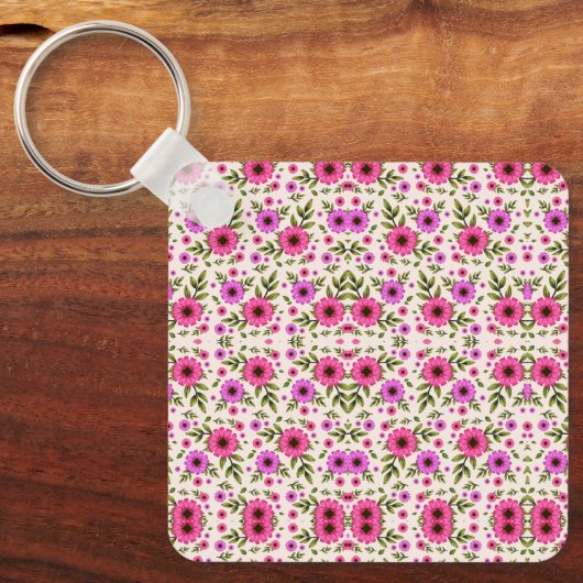 Keychain featuring a repetitive pink floral  (Voorkant)