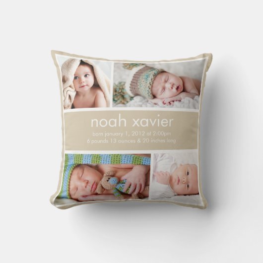 Khaki Birth Announcement Pillow Kussen (Voorkant)