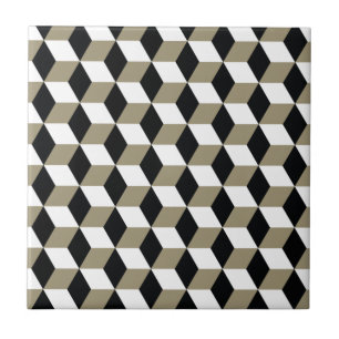 Khaki Black & White 3D Cubes Pattern Tegeltje