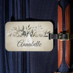 Khaki Botanical Leaves Monogrammed Bagagelabel