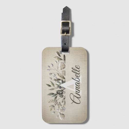 Khaki Botanical Leaves Monogrammed Bagagelabel (Voorkant (verticaal))