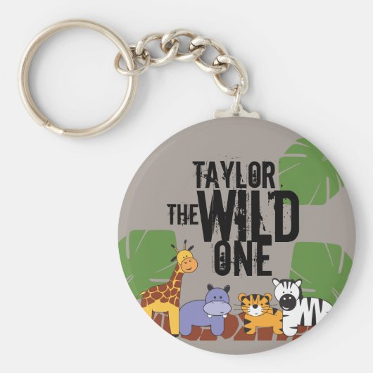 Khaki Brown Wild One Safari Animals gepersonalisee Sleutelhanger (Voorkant)