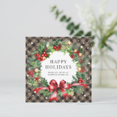 Khaki Buffalo Plaid Sterren Holly Berries Business Feestdagenkaart (Staand voorkant)