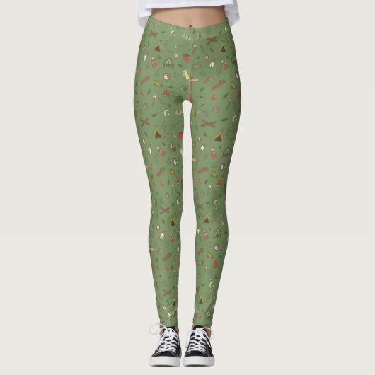 Khaki Camping thema buiten kampvuur patroon Leggings (Voorkant)
