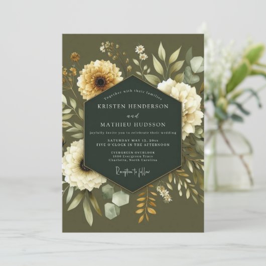 Khaki Cream Botanical Wedding Kaart (Staand voorkant)