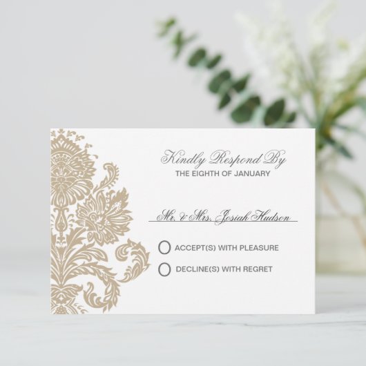 Khaki Damask Border Wedding DIY RSVP Card (Staand voorkant)