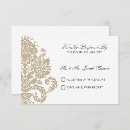 Khaki Damask Border Wedding DIY RSVP Card (Voorkant / Achterkant)