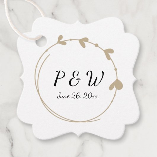 Khaki Eenvoudige Hart Krans Monogram Trouwen Bedankjes Labels (Voorkant)