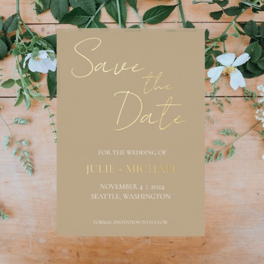 Khaki Eenvoudige Stijl Bruiloft Save the Date Folie Uitnodiging