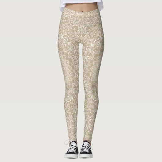 Khaki en wit siermandala patroon leggings (Voorkant)