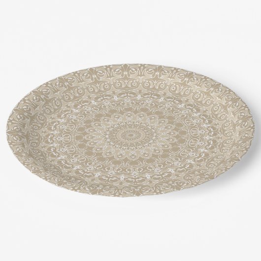 Khaki en wit siermandala patroon papieren bordje (Gekanteld)