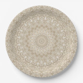 Khaki en wit siermandala patroon papieren bordje (Voorkant)