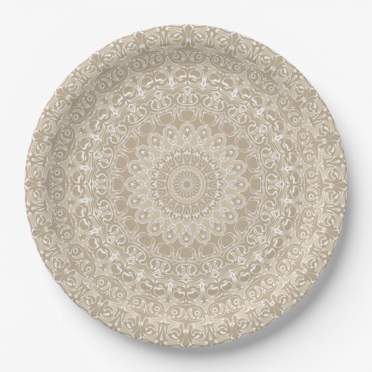 Khaki en wit siermandala patroon papieren bordje (Voorkant)