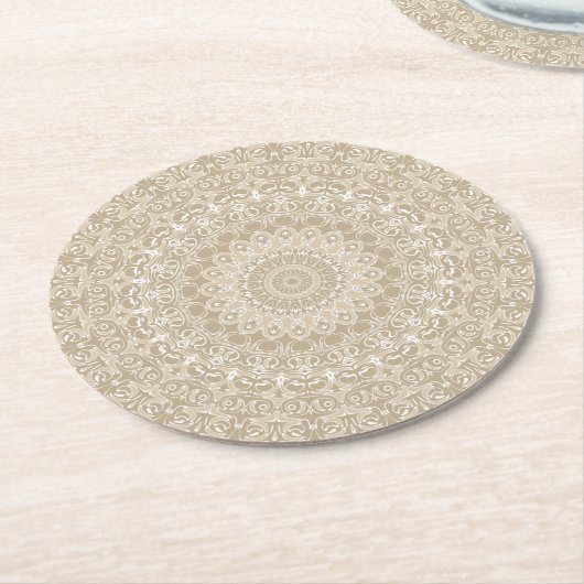 Khaki en wit siermandala patroon ronde kartonnen onderzetter (Gebogen)