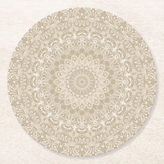 Khaki en wit siermandala patroon ronde kartonnen onderzetter (Voorkant)