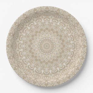 Khaki en Witte Sierlijke Mandala Patroon Papieren Bordje