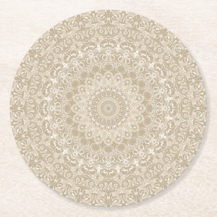 Khaki en Witte Sierlijke Mandala Patroon Ronde Kartonnen Onderzetter