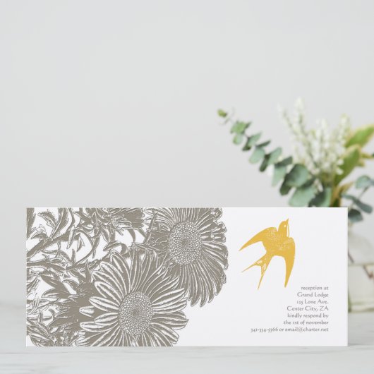 Khaki  Flower and Goldenrod Bird Wedding Kaart (Staand voorkant)