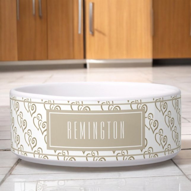 Khaki Hartpatroon Op Paarse Aangepaste Kleur Voerbakje (custom pet bowl front with khaki linked heart pattern)