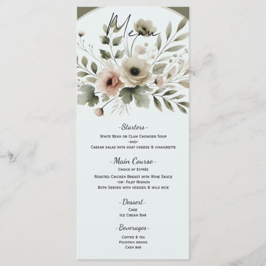 Khaki Olijfgroen Aquarel Bloem Bruiloft Menu (Voorkant)
