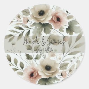 Khaki Olijfgroen Aquarel Bloem Bruiloft Ronde Sticker